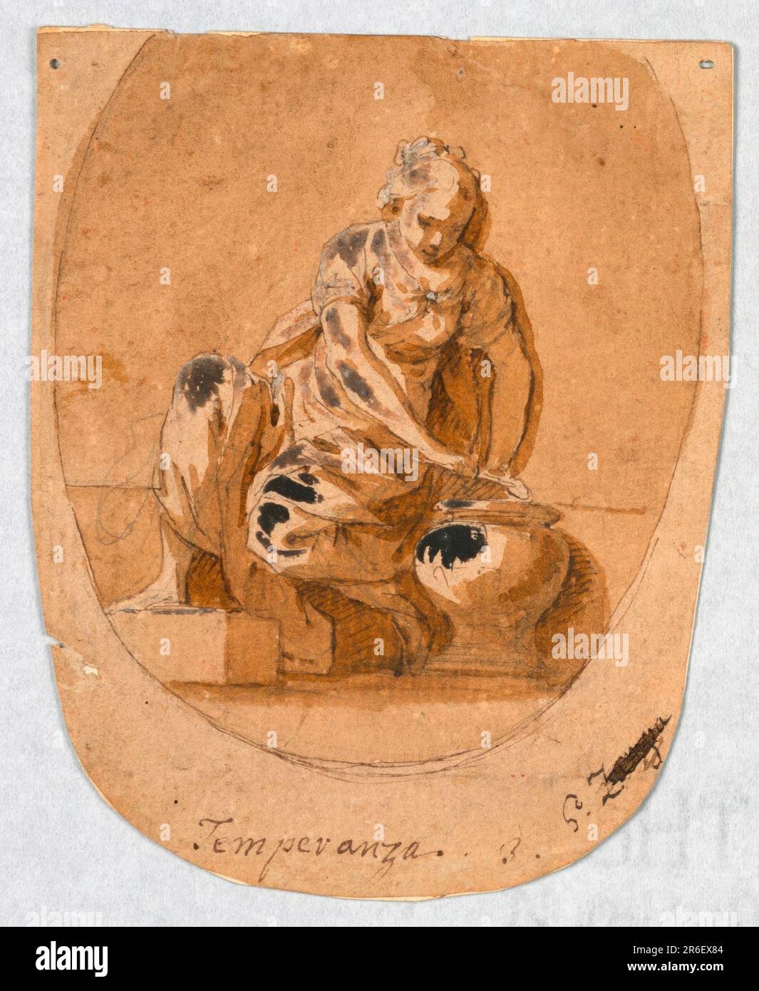 Une femme assise tient une cuillère au-dessus d'un bol à mélanger, qui se tient à côté de sa jambe gauche. Ovoïde, légende, signature semblable à celle de 1931-6550, sauf pour: 'Temperenza', '3'. Sur le verso : ombre au crayon noir, appartenant au même dessin qu'en 1931-65-53. Date : env. 1780. Craie noire, stylo et encre, lavage au pinceau et au sépia, au pinceau et gouache blanc oxydé sur papier brun. Musée : Cooper Hewitt, Smithsonian Design Museum. Banque D'Images