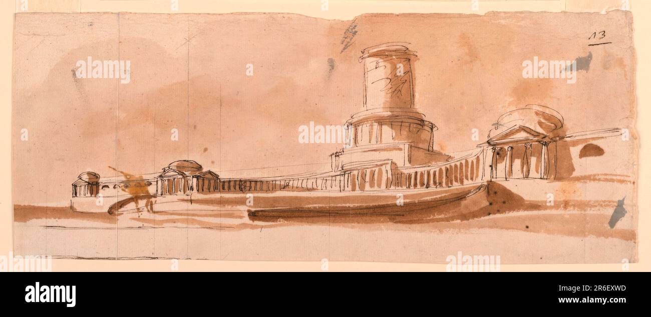 Des colonnades courbées flanquent une tour qui s'élève en trois sections. Les rampes mènent à sa porte. Ailes latérales. Lignes appartenant probablement à une autre mise en plan sur l'arête inférieure gauche. Date: 1792-1795. Encre crayon et marron, lavage au pinceau et marron, graphite, encre grise sur papier blanc cassé. Musée : Cooper Hewitt, Smithsonian Design Museum. Banque D'Images