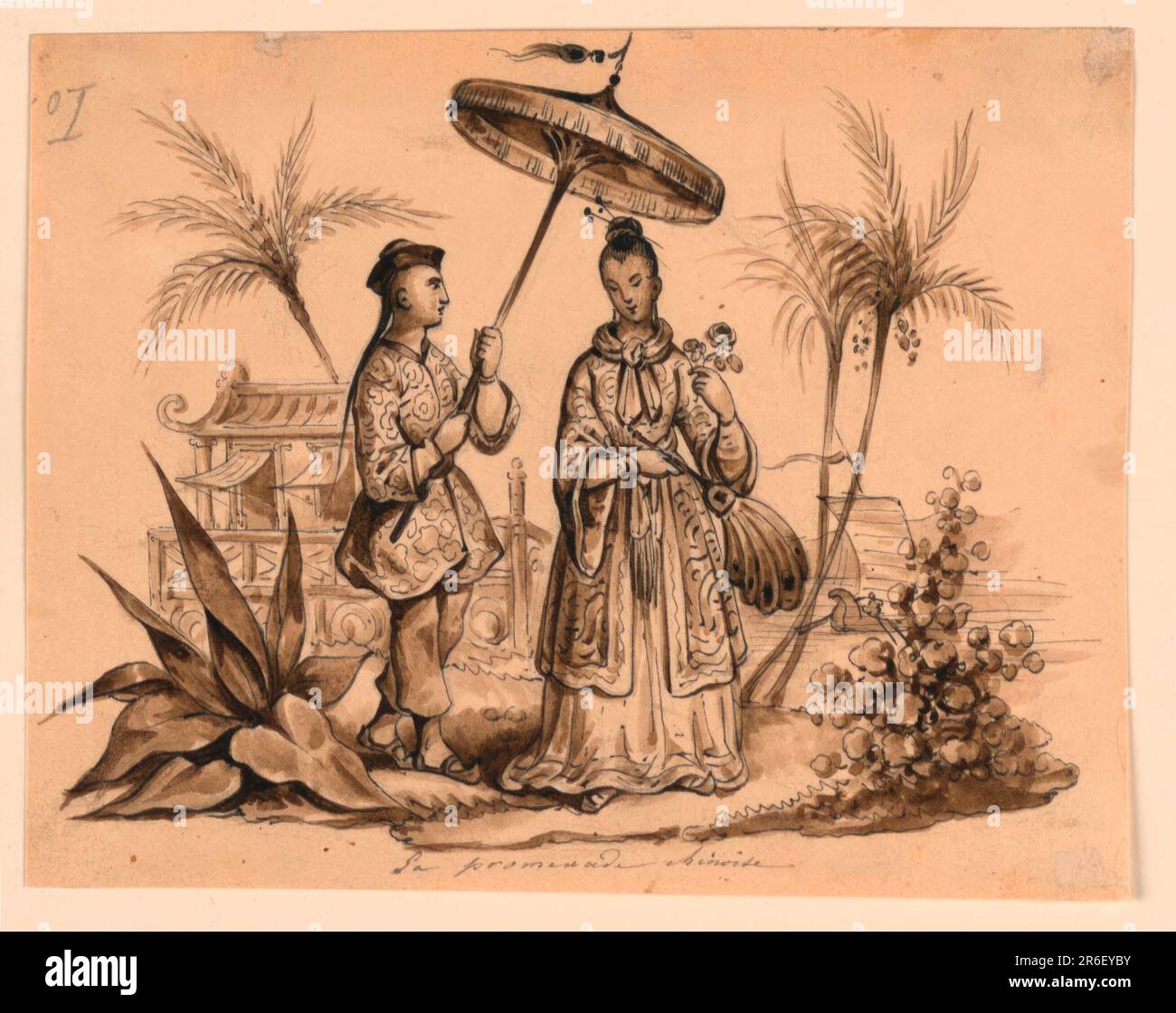Vignette d'une femme Chines accompagnée d'un serviteur tenant un parasol sur sa tête. Arbres, maison, bateau en arrière-plan. Date: 1835-1840. Stylo et encre, pinceau et sépia et lavage gris sur papier. Musée : Cooper Hewitt, Smithsonian Design Museum. Banque D'Images