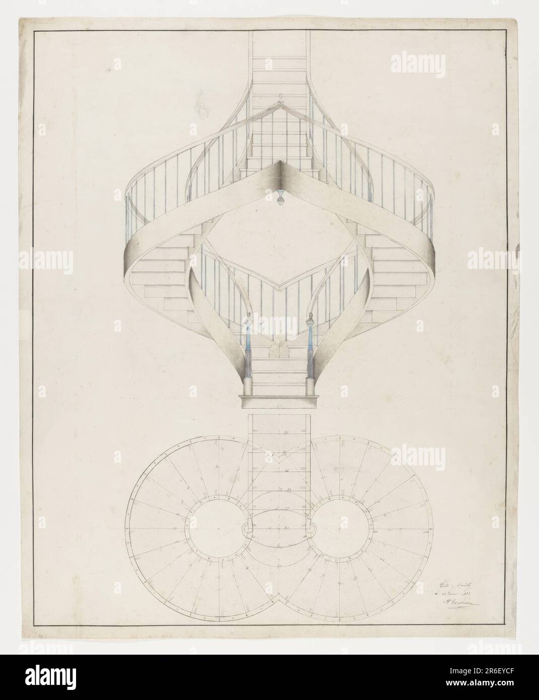 Conception pour double escalier courbé avec balustrade bleue. Élévation en haut et plan en dessous. Graphite, stylo et encre noire, pinceau et aquarelle bleue et grise sur papier crème. Date: 13 février 1883. Musée : Cooper Hewitt, Smithsonian Design Museum. Banque D'Images