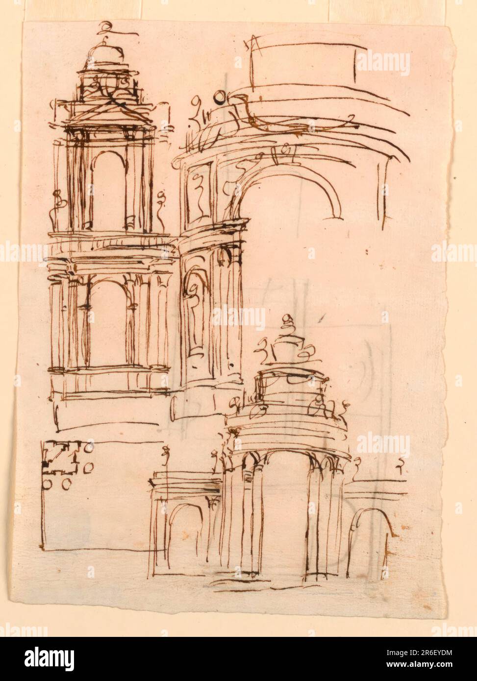 Rangée gauche : au-dessus de l'élévation, au-dessous du plan de la steeple. Rangée droite : au-dessus se trouve la partie gauche de l'élévation de la partie centrale de la porte ; au-dessous se trouve l'élévation de presque une porte entière (par rapport à -1185). Sur le verso, horizontalement : deux esquisses rugueuses d'élévations. Date: 1780-1800. Stylo et encre marron sur papier blanc cassé. Musée : Cooper Hewitt, Smithsonian Design Museum. Banque D'Images