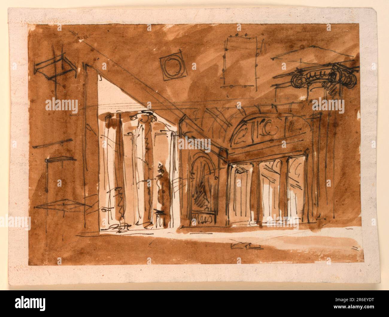 Grand hall ouvrant entre les colonnes en arrière-plan et sur le côté gauche, décoré dans le style classique. Détails sur la marge. Date : début du 19th siècle. Stylo et encre brune, pinceau et lavage brun sur papier laté blanc cassé doublé. Musée : Cooper Hewitt, Smithsonian Design Museum. Banque D'Images