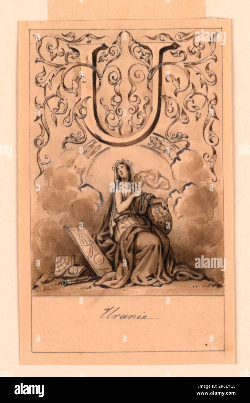 Lettre ci-dessus, flanquée d'un renceau entrelacé. Une femme aux attributs de l'astronomie est vue assise sous le zodiaque. Date : env. 1830. Encre graphite, stylo et bistre, lavage au pinceau et à l'encre, avec accentuation blanche sur papier crème. Musée : Cooper Hewitt, Smithsonian Design Museum. Banque D'Images