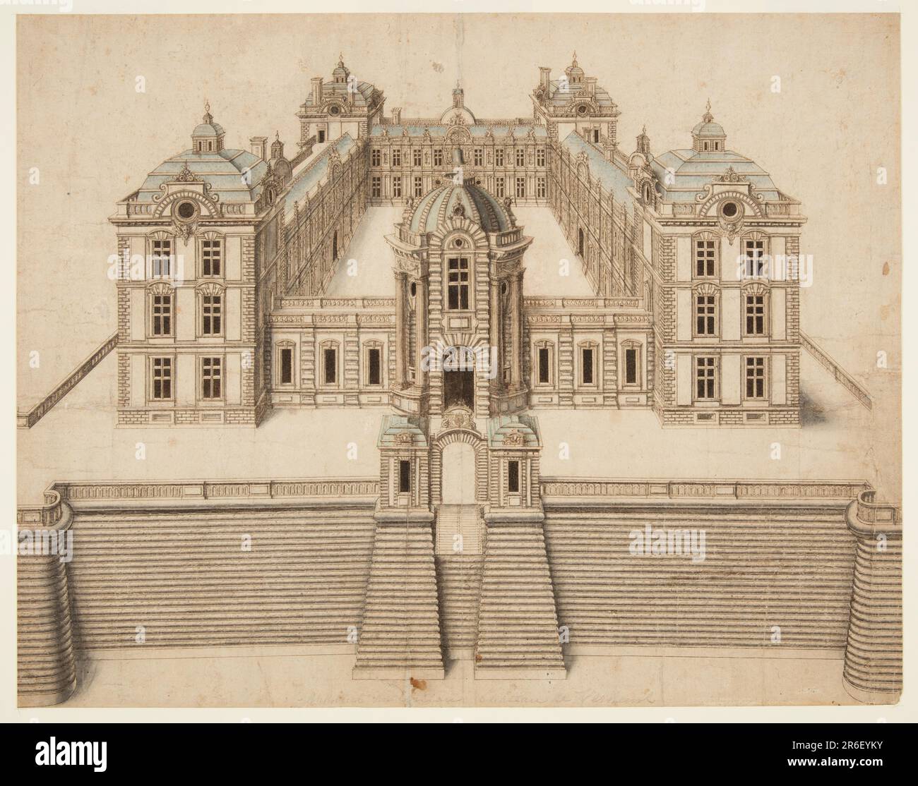 Vue frontale d'une structure architecturale à deux étages, avec pavillons d'angle carré d'un étage supplémentaire en hauteur, entourant une cour. Le côté le plus proche du spectateur est un seul étage en hauteur, et est brisé par un pavillon circulaire, surmonté d'un dôme. L'ensemble de la structure se trouve sur une plate-forme haute dont l'accès est obtenu par un pont-levis, flanqué de caissons de protection. Stylo et encre brune, pinceau et bleu, lavage gris sur papier vélin. Date: 1568-75. Musée : Cooper Hewitt, Smithsonian Design Museum. Banque D'Images