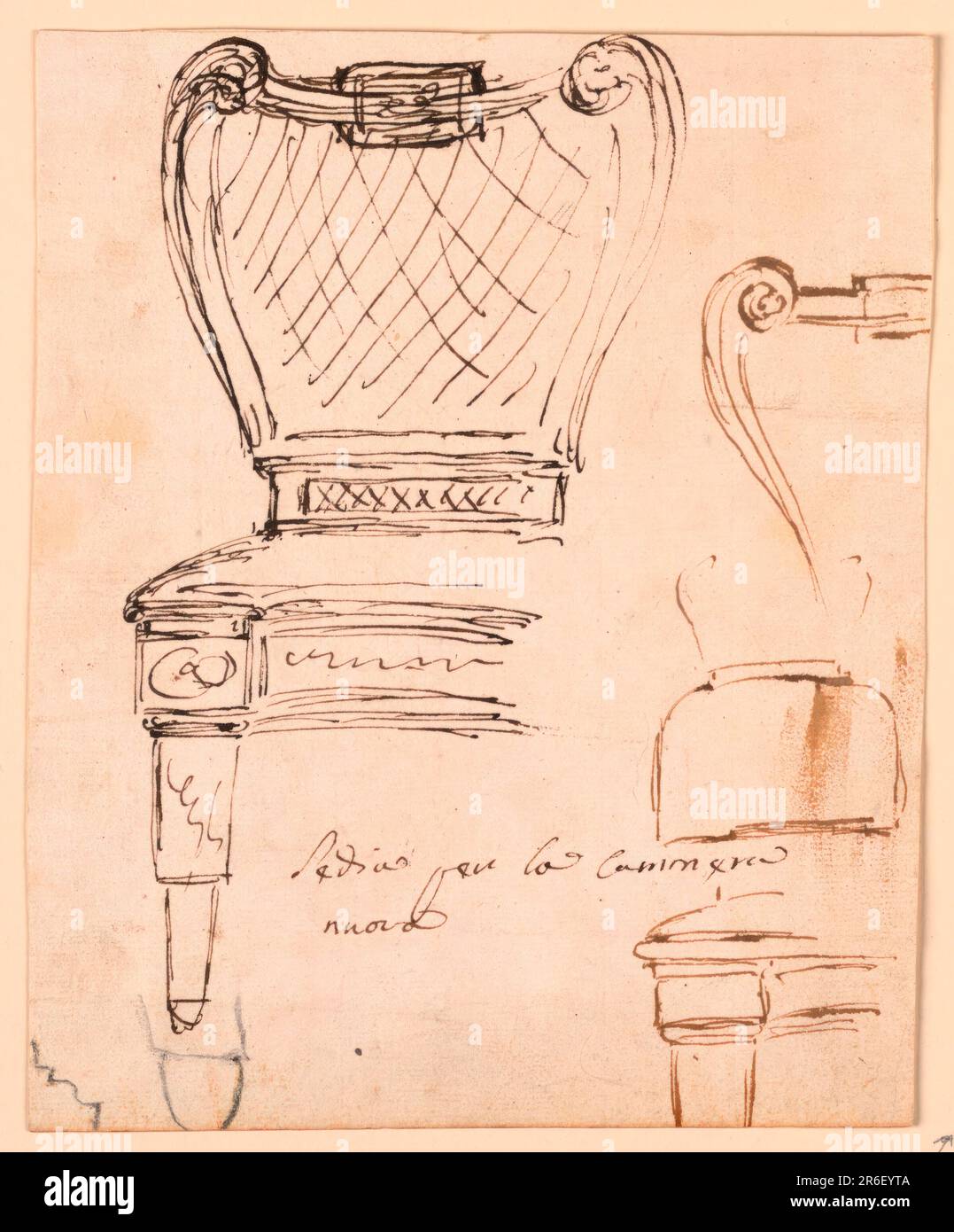 À gauche se trouve une chaise, vue de l'avant, le cadre d'un siège et la jambe à droite étant maintenant tirée. Le dos a un cadre en forme de lyre; le panneau avec trellis-like paille-plating. À droite se trouve une esquisse de la partie supérieure gauche du cadre, du pied (?) et du coin du cadre du siège. Légende : 'Média per la Cammera / nuova'. Ci-dessous, à gauche, en graphite: Un profil. Vous trouverez ci-dessous un défilement avec un pied. Stylo et encre brune, brosse et lavage brun, craie noire, encre rouge sur papier blanc cassé. Date : env. 1785-1790. Musée : Cooper Hewitt, Smithsonian Design Museum. Banque D'Images