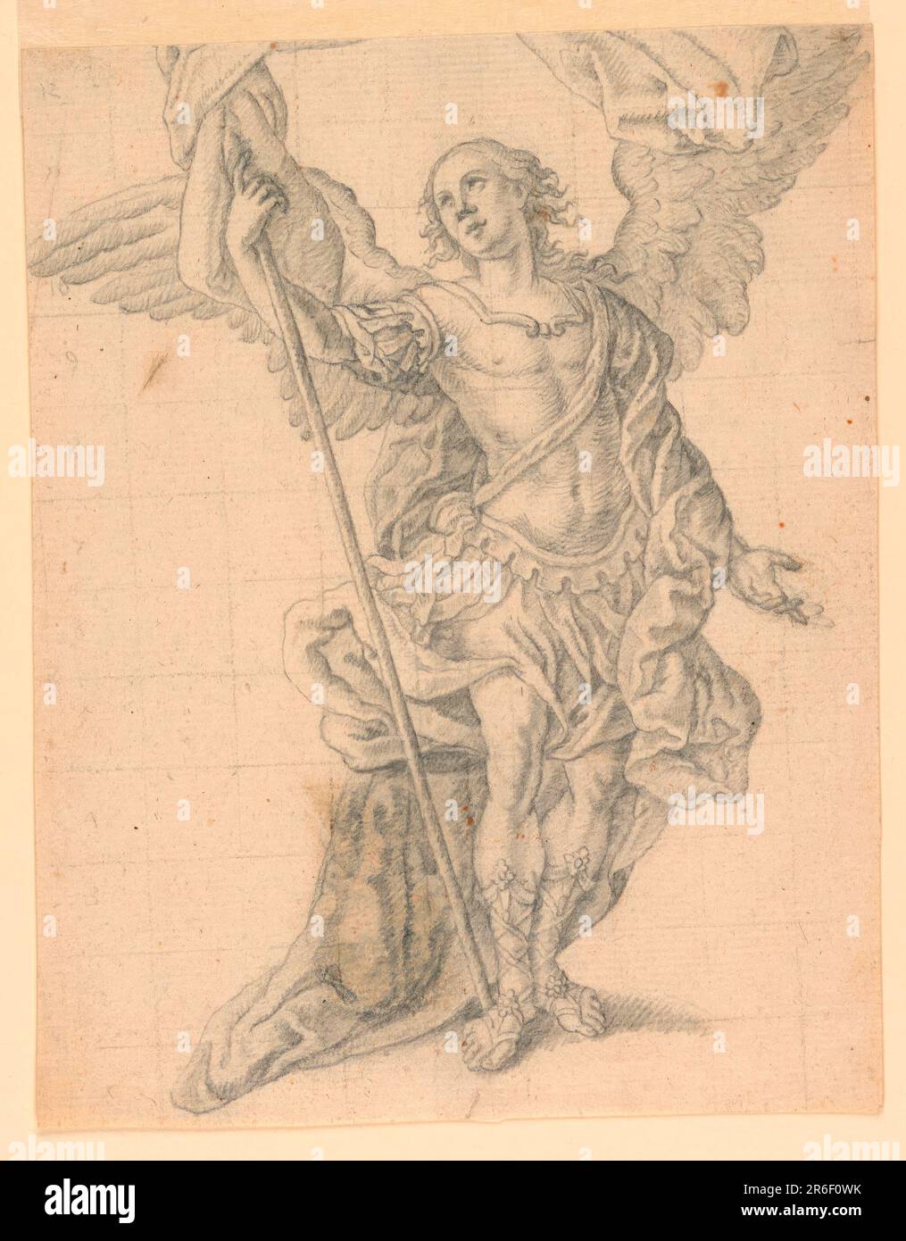 L'Archange Gabriel, vu frontally, son regard dirigé vers le haut à gauche, et tenant un standard de bannière dans sa main droite, tout en gestant vers le sol avec sa gauche. Dessin au carré en graphite pour l'agrandissement. Graphite sur papier. Date : env. 1700. Musée : Cooper Hewitt, Smithsonian Design Museum. Banque D'Images