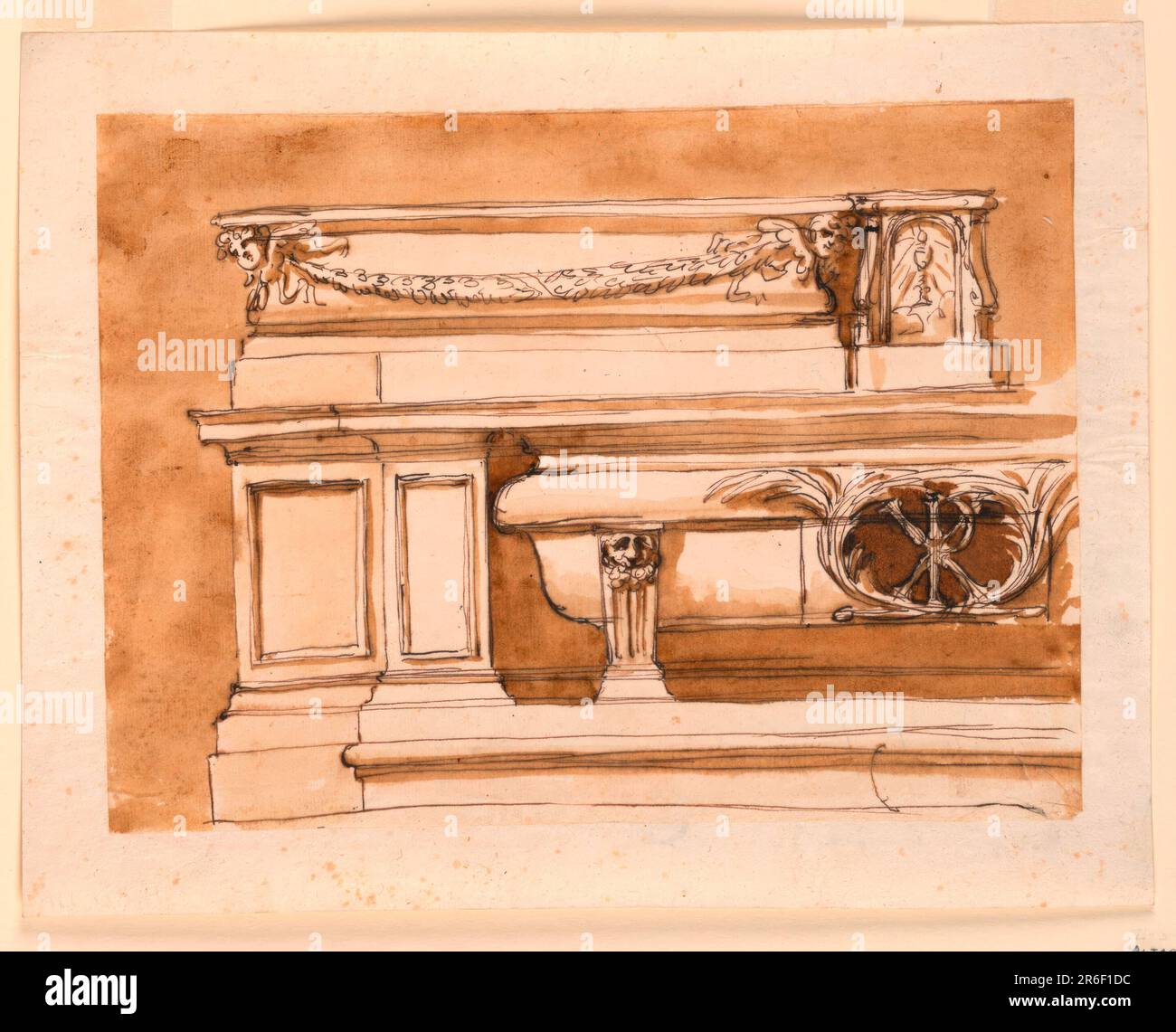 La moitié gauche est illustrée. La partie centrale est en projection. Une étape l'amène à. Les panneaux moulés latéraux sont les suivants : Le sarcophage de la baignoire est soutenu par un gaine avec un masque de lion. Au centre se trouve une ouverture ovoïde avec un monogramme devant et un encadrement de branches de palmier. Au centre de la corniche se trouve le tabernacle. Devant les moulures supérieures se trouve une festoon soutenue par un chérubin. Stylo et encre brune, pinceau et lavage brun sur papier laté blanc cassé doublé. Date: 1746-1809. Musée : Cooper Hewitt, Smithsonian Design Museum. Banque D'Images