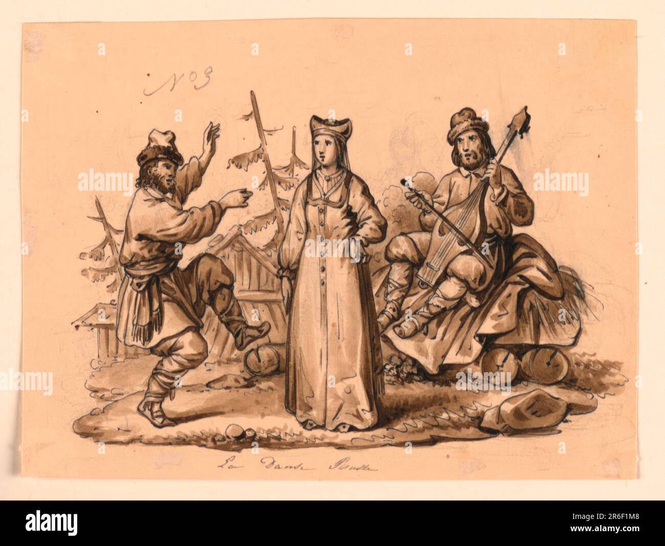 Vignette d'une femme debout, au centre, avec sa main gauche reposant sur la hanche. À gauche, un homme danse. À droite, un musicien est assis. Date: 1835-1840. Stylo et encre, pinceau et sépia et lavage gris sur papier. Musée : Cooper Hewitt, Smithsonian Design Museum. Banque D'Images