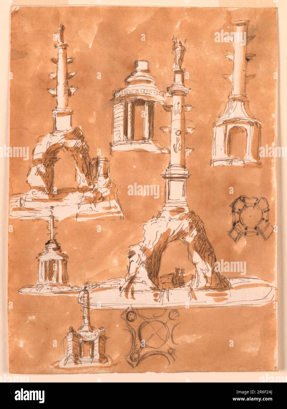 (-1772): Rangée supérieure à gauche: Une colonne rostrale avec une figure sur le dessus se dresse sur une arche rocheuse, le motif central dans le bassin. Des autels sur des roches sont suggérés dans ses coins avant. Centre : élévation d'un pavillon comme base d'une colonne, non entièrement illustrée. A droite : une colonne rostrale, des farines d'eau de sa base. Centre : une variante de la conception, ligne supérieure gauche. L'arche s'élève au centre du bassin; deux personnes se tiennent sous l'arche; un pont menant à travers le bassin. A droite : un plan d'un pavillon de fontaine. Rangée du bas, à gauche : un pavillon de fontaine semblable à -1760. Droite : un plan similaire, un arrière-plan coloré Banque D'Images