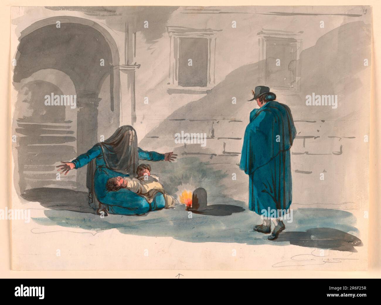 Une femme semblable à cette plaque 19, loc. Cit., ayant un enfant dans ses genoux et un autre crouching à côté d'elle. Une lampe brûlante se tient entre elle et l'homme qui marche vers elle du côté arrière gauche. Stylo et encre grise avec aquarelle et craie noire sur papier vélin blanc cassé. Date: 1807-08. Musée : Cooper Hewitt, Smithsonian Design Museum. Banque D'Images