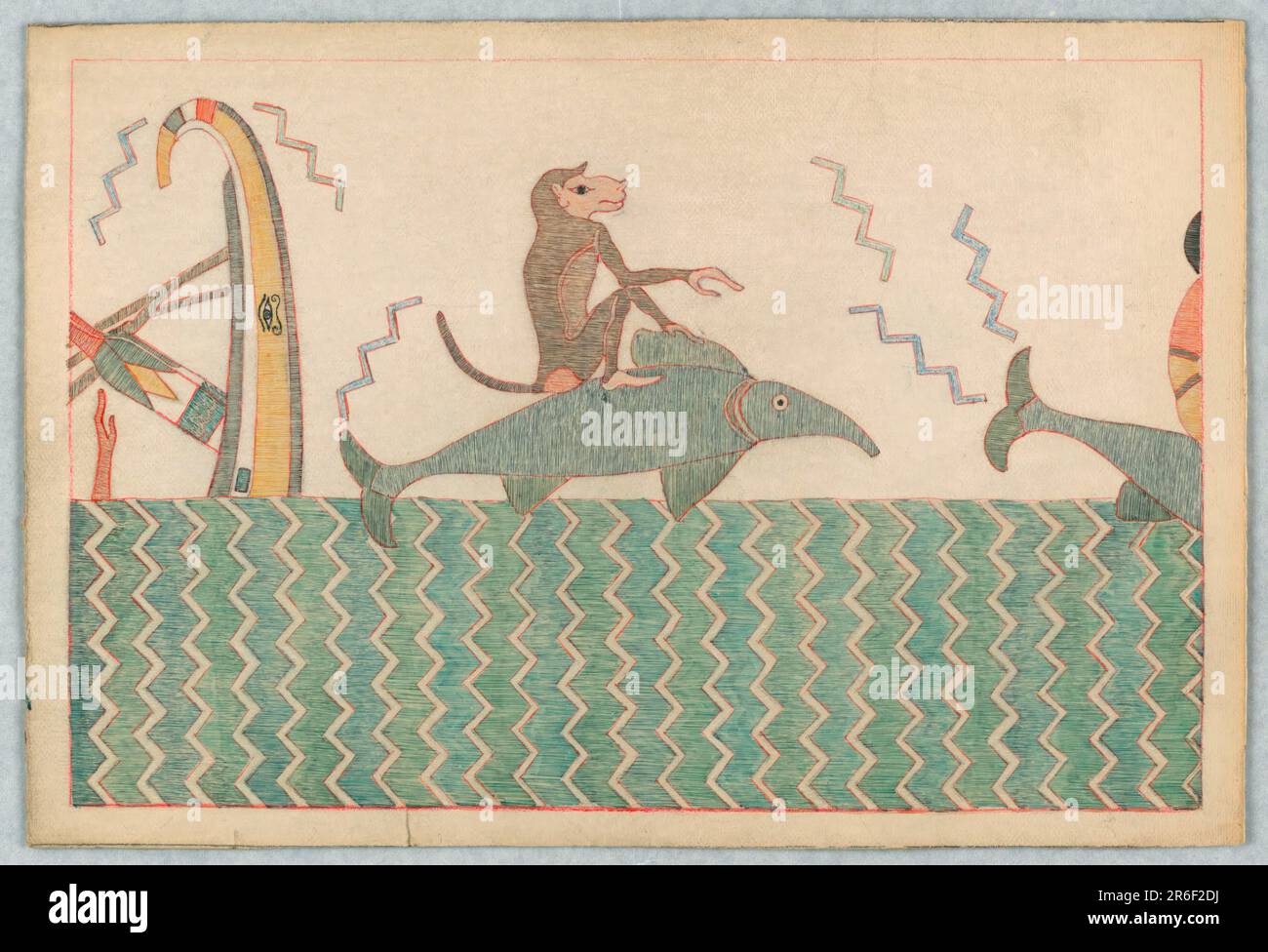 Singe assis sur un dauphin au-dessus de l'eau, au centre. Les deux dans le profil droit. Queue de dauphin, à droite ; bateau bouleversé, à gauche. Date : env. 1916. Stylo et encre rouge, crayon sur tableau blanc. Musée : Cooper Hewitt, Smithsonian Design Museum. Banque D'Images