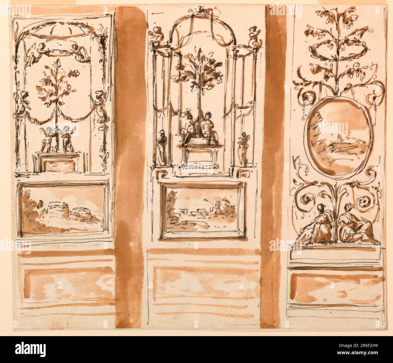 Conception pour les décorations d'un panneau mural. Stylo et encre brune, pinceau et lavage brun sur papier laté blanc cassé doublé. Date: 1746-1809. Musée : Cooper Hewitt, Smithsonian Design Museum. Banque D'Images