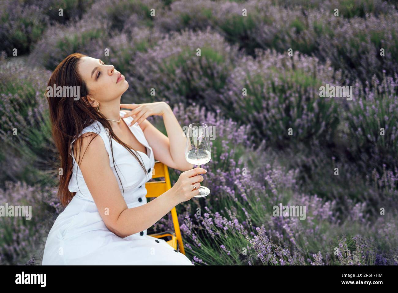 La jeune femme brune en robe blanche est assise sur une chaise au milieu du champ de lavande et tient un verre de vin mousseux. Charmante femme heureuse en dégustant du champagne et Banque D'Images