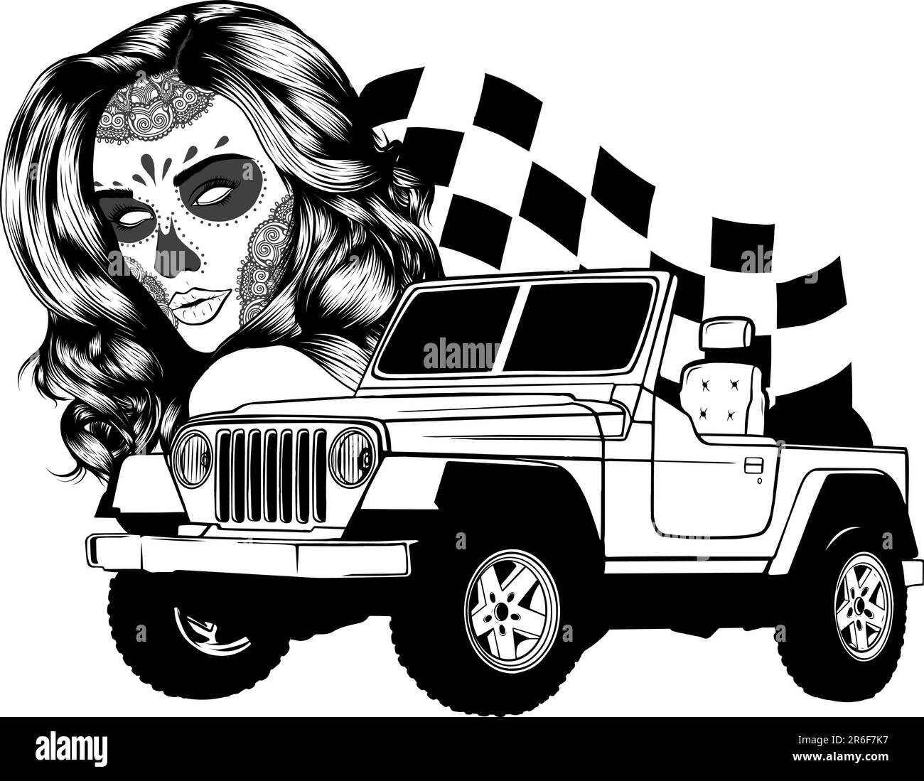 illustration vectorielle d'une voiture tout-terrain monochrome avec crâne femme et drapeau de course Illustration de Vecteur