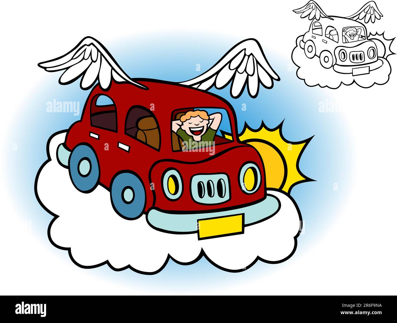 Dessin animé d'une voiture volante avec des ailes flottant au-dessus des nuages. Illustration de Vecteur