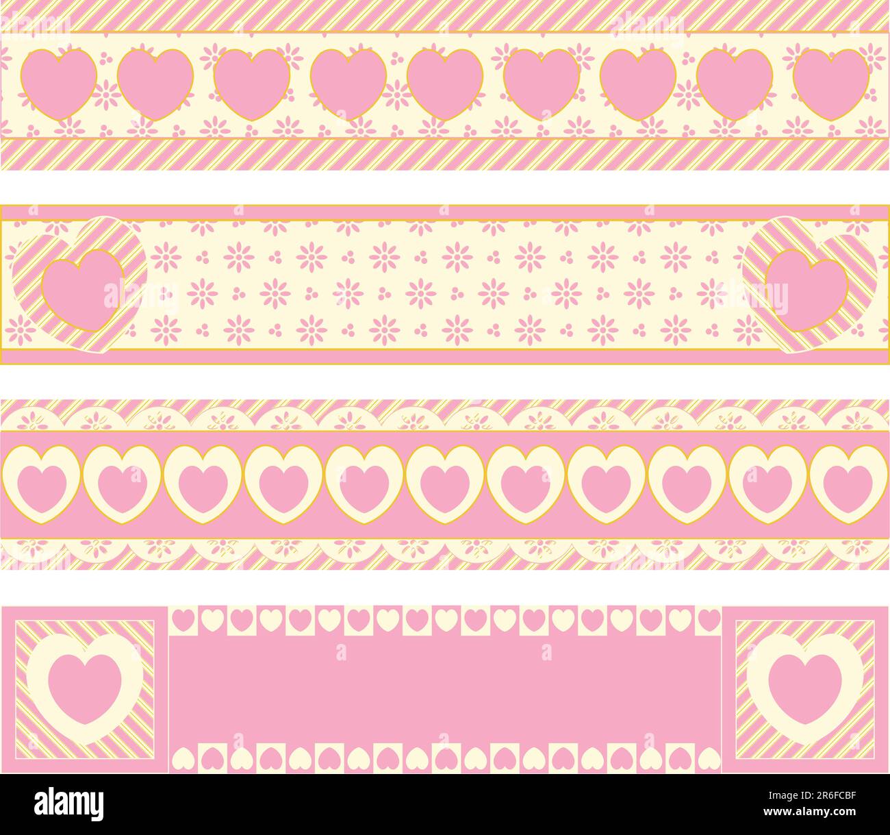 Quatre bordures vectorielles avec coeurs en oeillets victoriens et rayures roses, dorées et ecru. Illustration de Vecteur