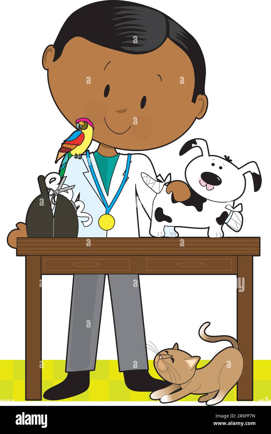 Vétérinaire noir tendant à un chien. Un perroquet est assis sur son épaule et un chat est sous la table. Illustration de Vecteur