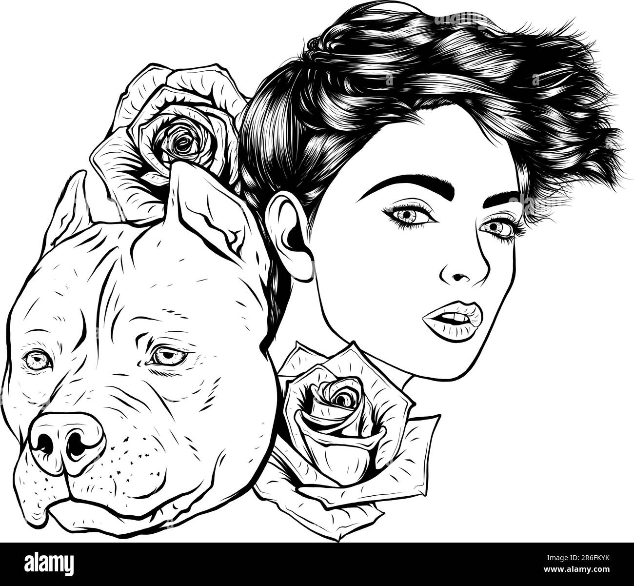 Visage de chien Pitbull monochrome avec tête femme et fleur de rose Illustration de Vecteur