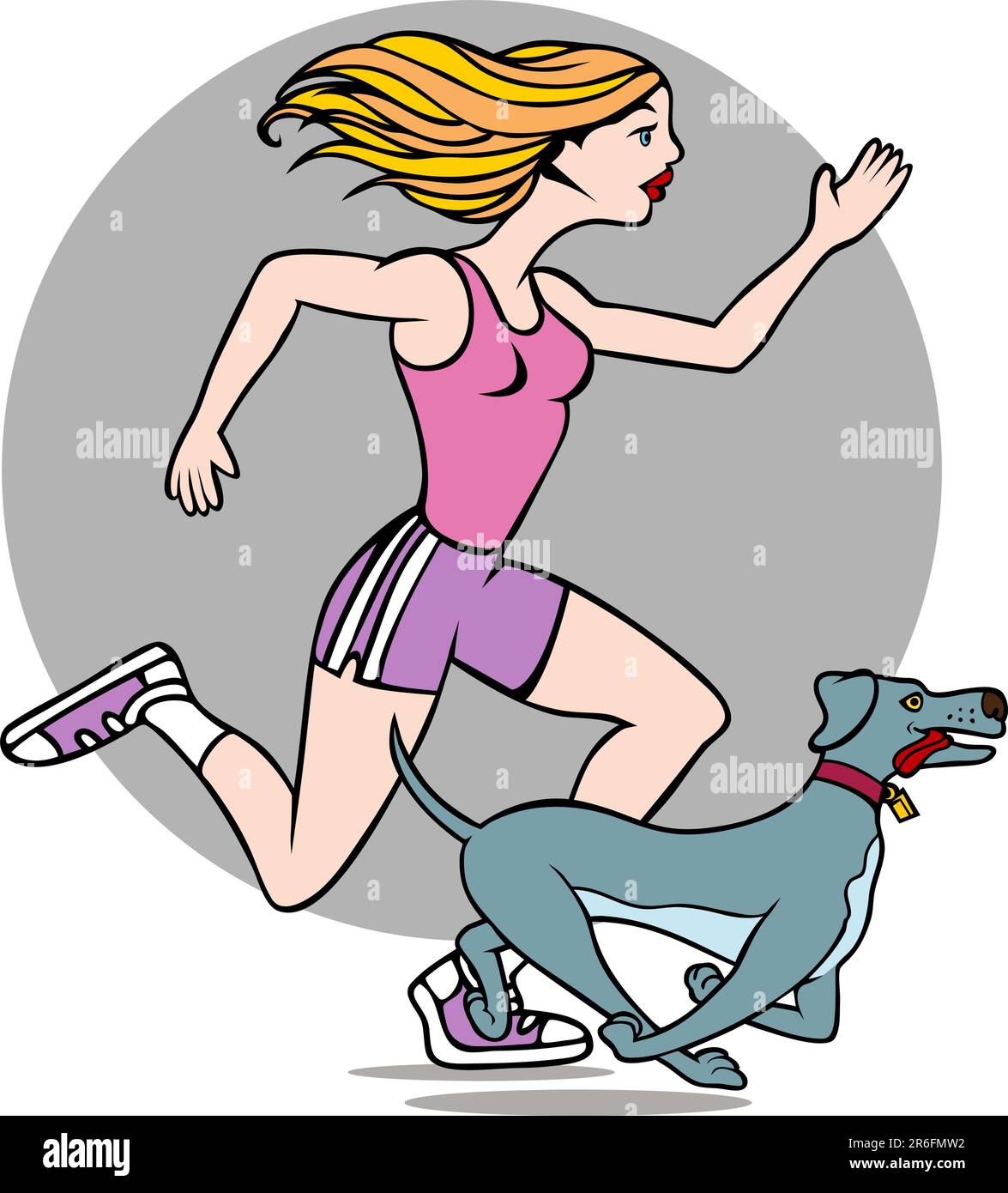 Caricature d'une femme en marche avec son chien isolé sur un fond blanc. Illustration de Vecteur