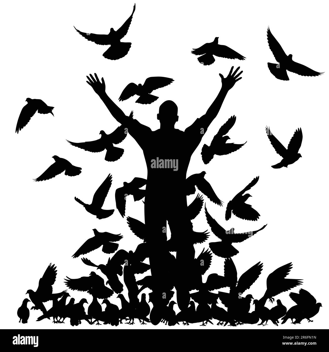 Vector silhouette d'un homme et de troupeau de pigeons avec tous les éléments en tant qu'objets séparés Illustration de Vecteur