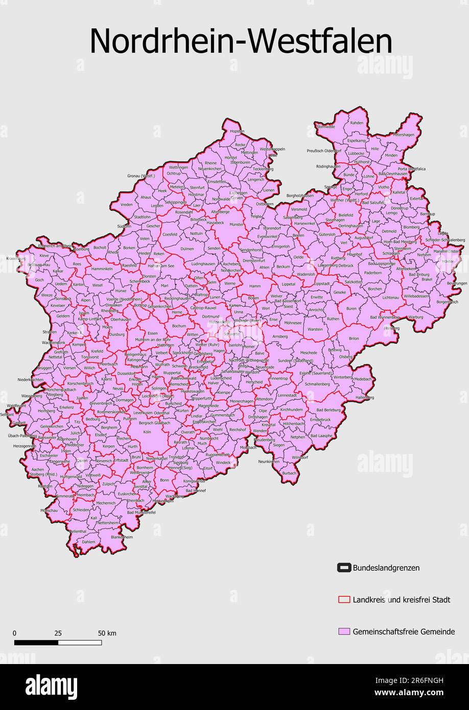 Carte Division administrative Etat de Nordrhein - Westfalen commune unifiée, communauté administrative, association administrative Banque D'Images