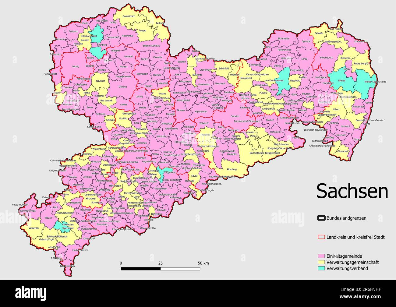 Carte Division administrative Etat de Sachsen commune unifiée, communauté administrative, association administrative Banque D'Images