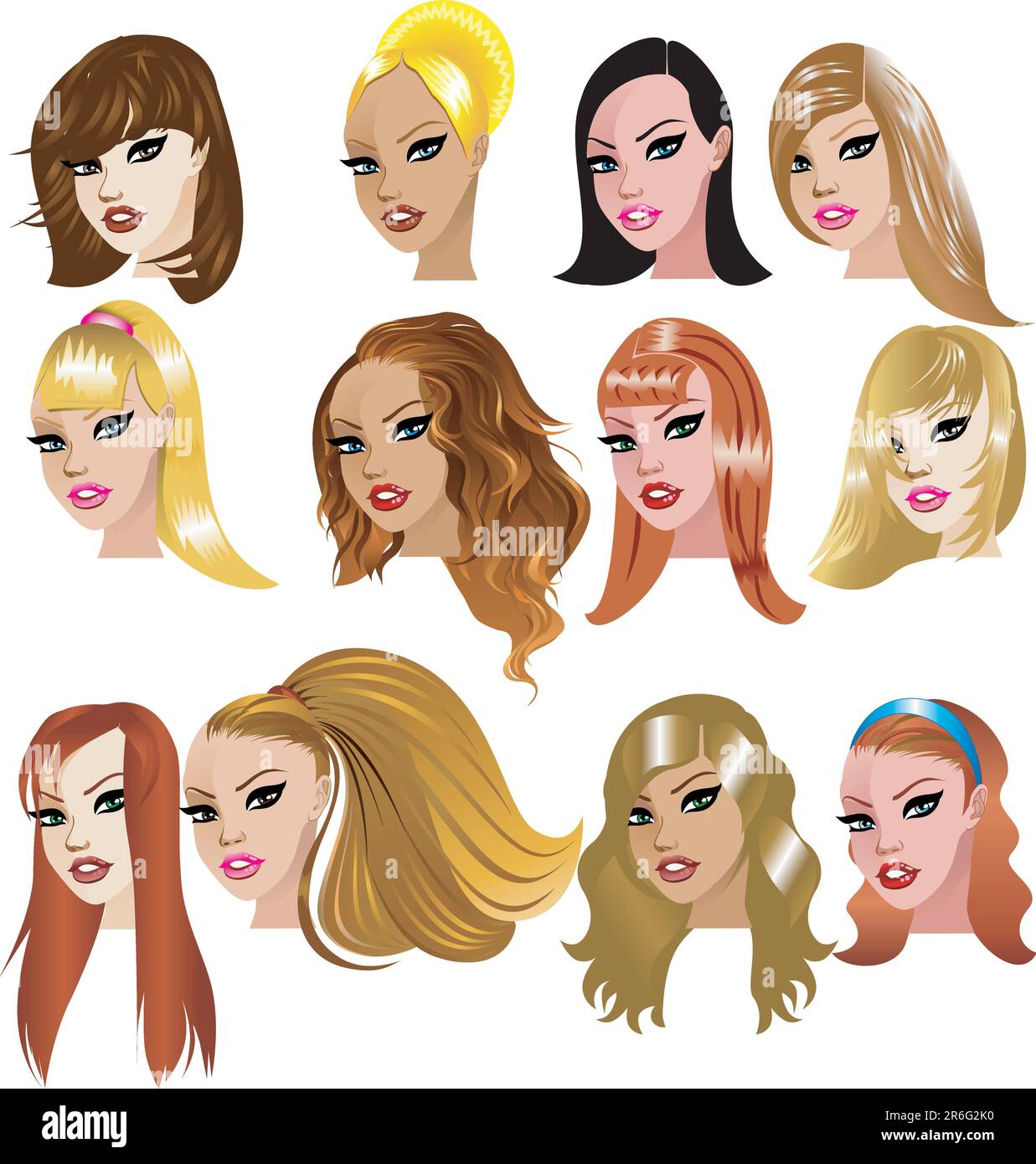 Illustration vectorielle de visages blancs féminins. Idéal pour les avatars, le maquillage, les tons de peau ou les styles de cheveux des femmes caucasiennes. Illustration de Vecteur