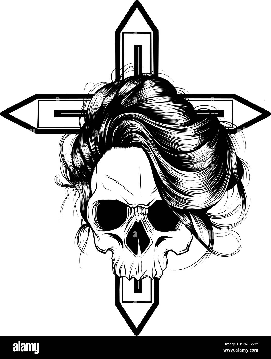 Image vectorielle monochrome d'Une croix ornée de crânes, isolée sur fond transparent. Illustration de Vecteur