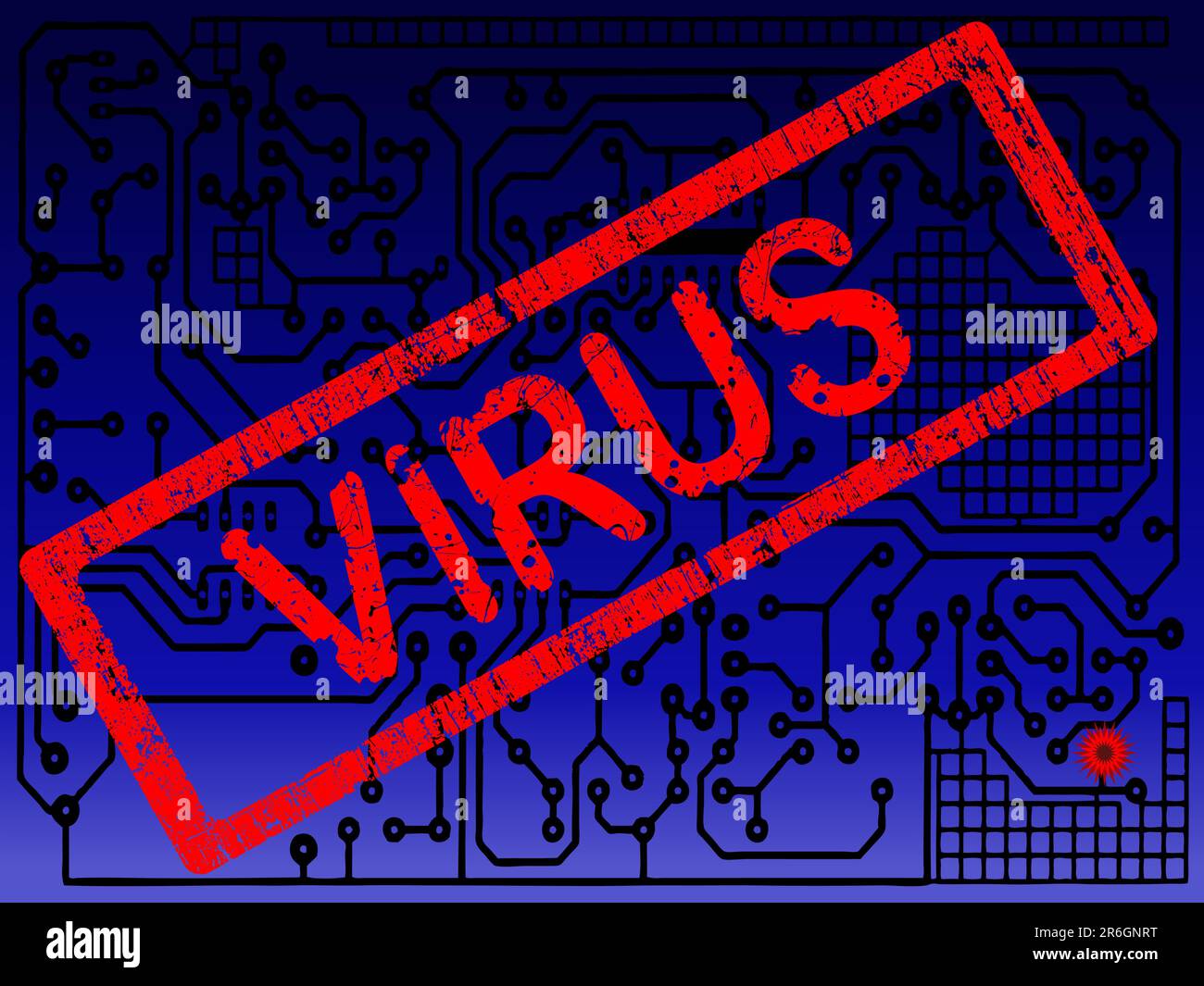 Carte de circuit imprimé bleu foncé avec alerte de virus. Illustration de Vecteur