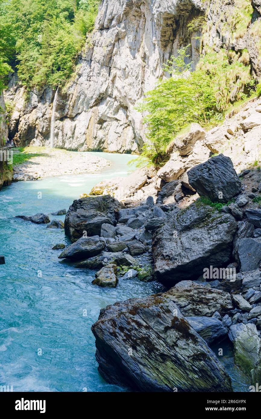 Gorge d'Aare en Suisse. C'est une gorge alpine pittoresque avec une rivière bleu turquoise pâle qui coule à travers elle. Banque D'Images