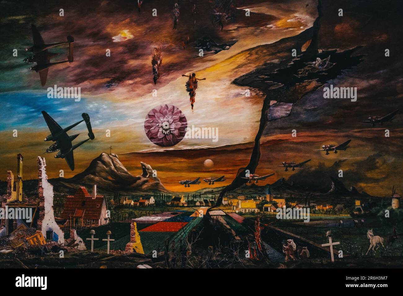 Peinture à l'huile d'une scène de bataille avec une variété de soldats, d'armes et d'autres éléments Banque D'Images