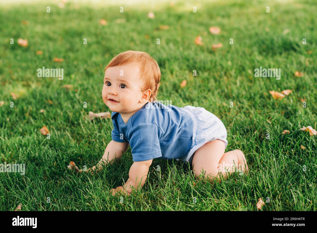 Adorable bébé garçon aux cheveux rouges rampant sur de l'herbe verte fraîche dans le parc d'été Banque D'Images