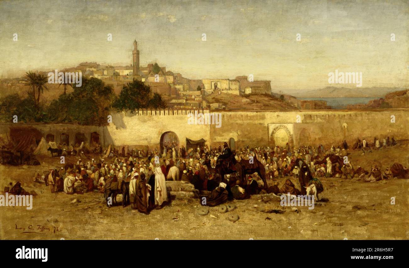 Journée du marché à l'extérieur des murs de Tanger, au Maroc. Date: 1873. huile sur toile. Musée: Smithsonian American Art Museum. Banque D'Images
