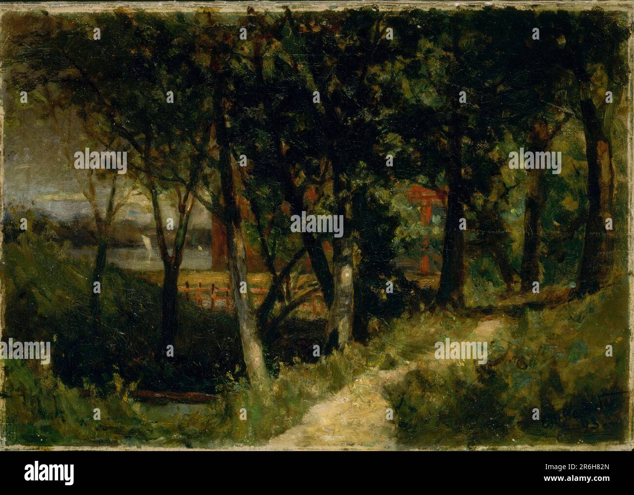 Sans titre (paysage, scène forestière avec clôture rouge et bâtiment). Date: 1893. huile sur toile. Musée: Smithsonian American Art Museum. Banque D'Images