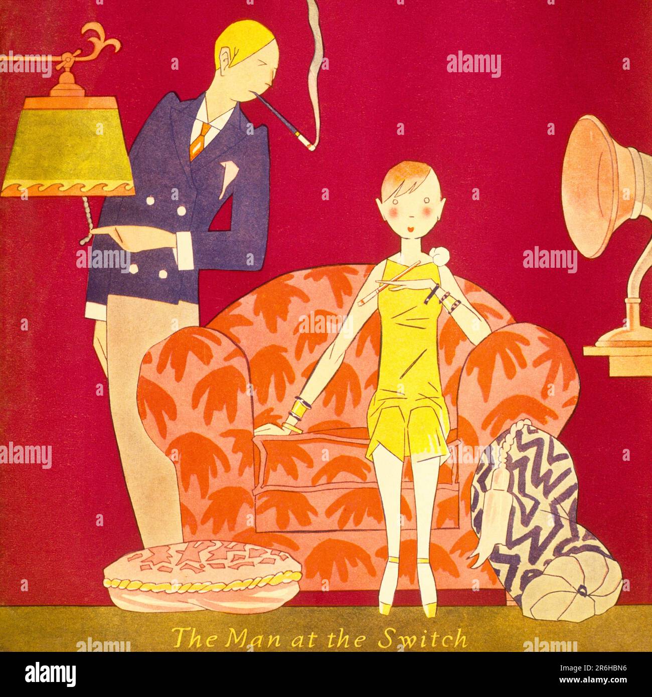 1920S MAGAZINE COUVERTURE COUPLE À L'ÉCOUTE DE LA RADIO OU FEMME DE VICTROLA SUR LE DIVAN HOMME SUR LE POINT DE TIRER L'INTERRUPTEUR DE LUMIÈRE POUR ROMANTIQUE HUMEUR - KH13564 NAW001 HARS SILLY CANAPÉ COMMUNICATION JEUNE ADULTE COMIC SWITCH TIRER STYLE DE VIE COUVERTURE SON FEMMES MAISON VIE COPIE ESPACE AMITIÉ FEMMES PLEINE LONGUEUR PERSONNES INSPIRATION HOMMES DIVERTISSEMENT RENCONTRES CIGARETTES HUMORISTIQUES RADIOS RADIODIFFUSION TABAC AUDIO COMIQUE ATTRACTION MAUVAISE HABITUDE HUMEUR NICOTINE FUMEUR CONNEXION TRIBUNAL VIE MAGAZINE CONCEPTUEL ILLUSTRATOR ADDICTIVE COMÉDIE STYLE OU POSSIBILITÉ SÉDUCTION VICTROLA ACTIVITÉ SOCIALE TOGETHERNESS JEUNE ADULTE HOMME Banque D'Images