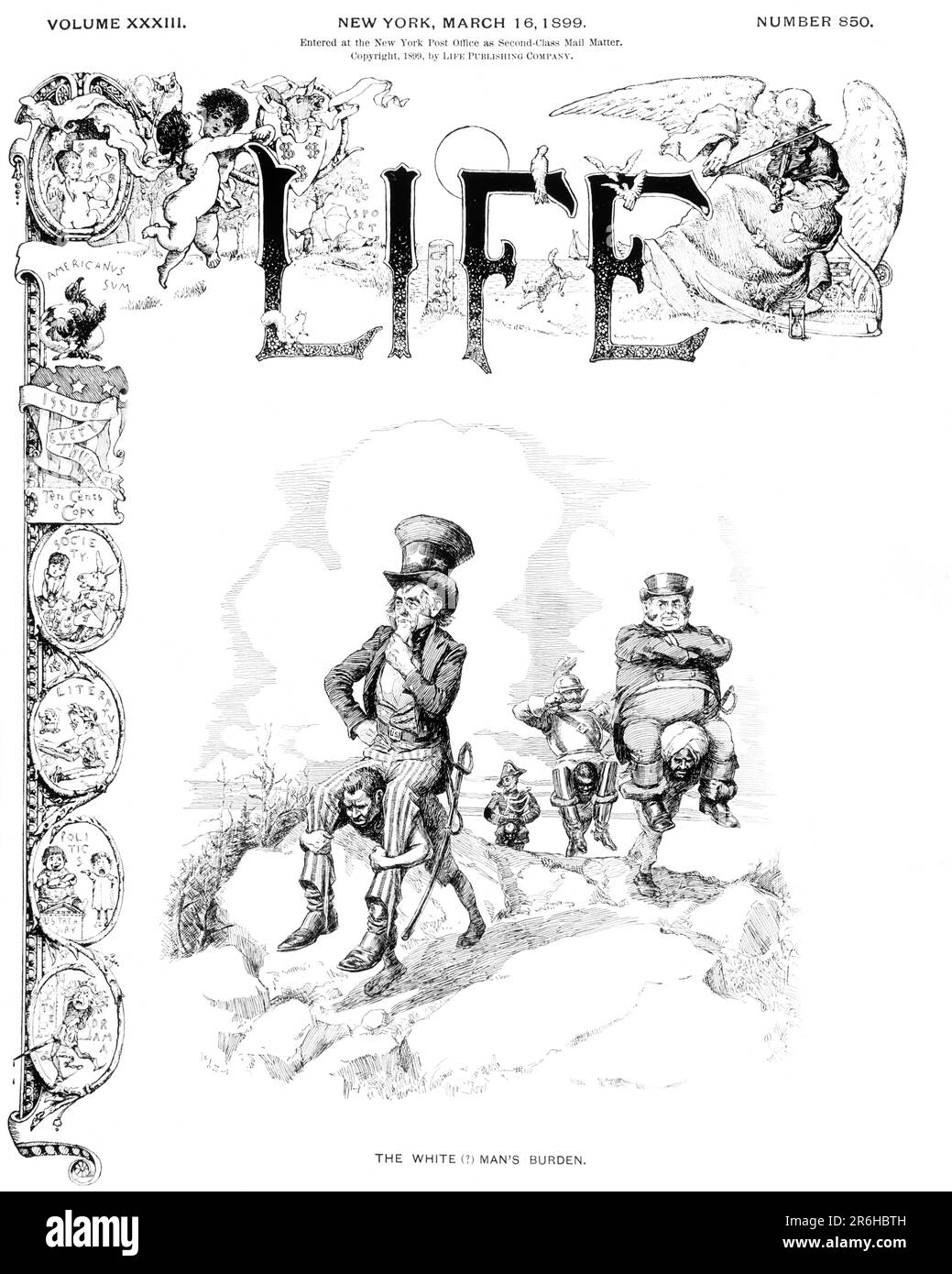 1890s LE BLANC ? LE MAGAZINE MAN'S BURDEN COUVRE L'ONCLE SAM JOHN BULL & KAISER WILHELM SE FAISANT PORTER SUR LE DOS DE PERSONNES NON BLANCHES - KH13587 NAW001 HOMMES HARS B&W TRISTESSE L'AMÉRIQUE DU NORD SOUTIENT LA LIBERTÉ VISION POLITIQUE NORD-AMÉRICAINE ICÔNES DÉCOUVERTE FORCE STRATÉGIE CARICATURE LEADERSHIP PROGRÈS AUTORITÉ POLITIQUE MAGAZINE DE VIE FARDEAU CONCEPTUEL INTITULÉ LA SUPRÉMATIE BLANCHE DE L'HOMME LES IDÉES DE COOPÉRATION BORNE NOIR ET BLANC CAUCASIENS ETHNICITÉ GRANDE-BRETAGNE MAGAZINE COUVRENT LE RACISME À L'ANCIENNE L'ONCLE RACISTE SAM ROYAUME-UNI Banque D'Images