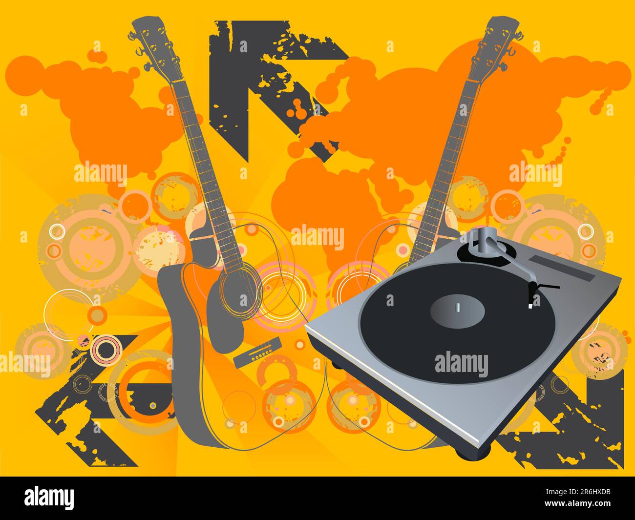 Vecteur rétro avec un plateau de dj mix et un fond grunge Starburst avec guitare et une carte du monde. Concept: Fête et divertissement, musique du monde. Illustration de Vecteur