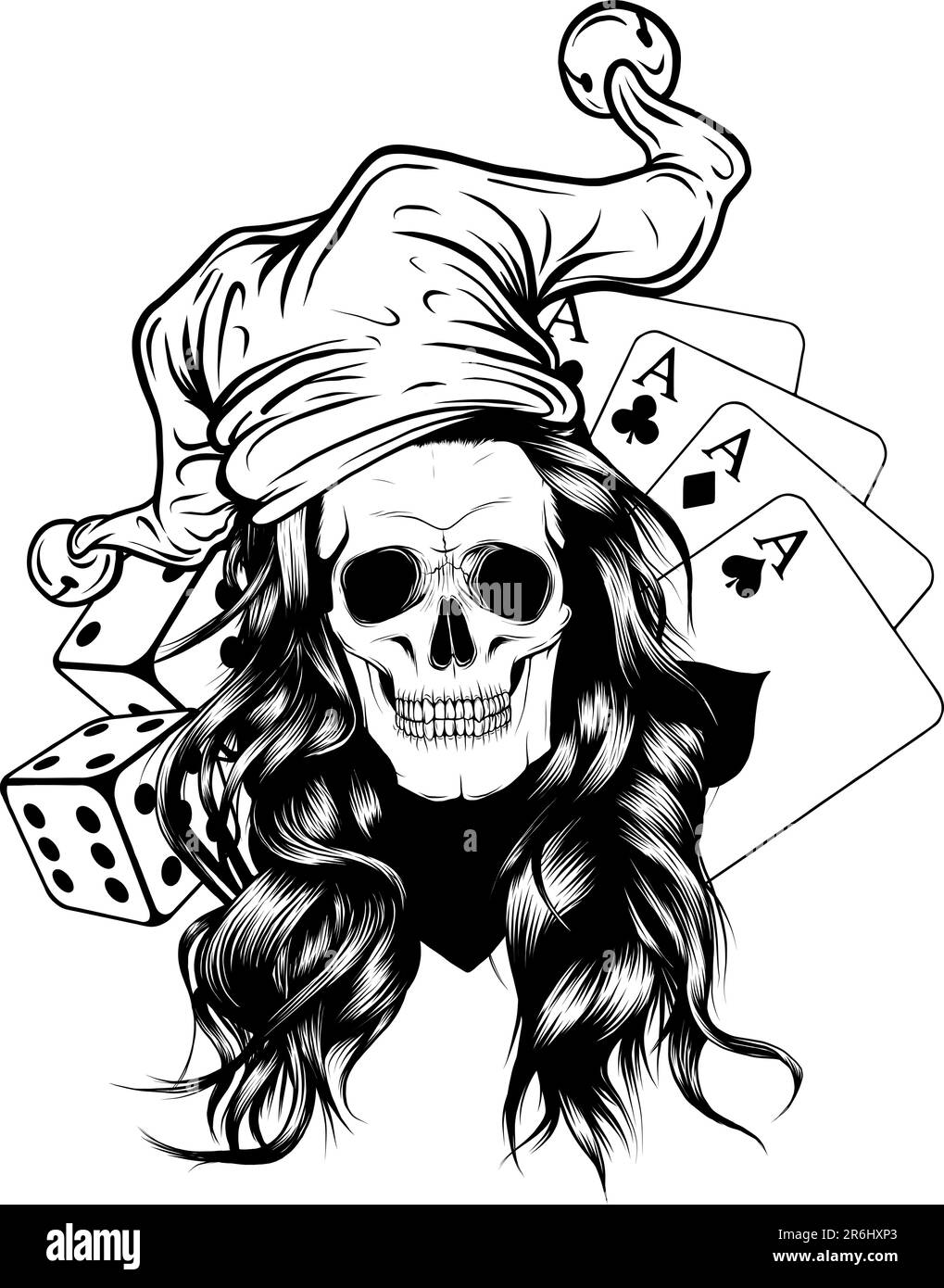 crâne monochrome avec chapeau de joker et jeu de casino Illustration de Vecteur