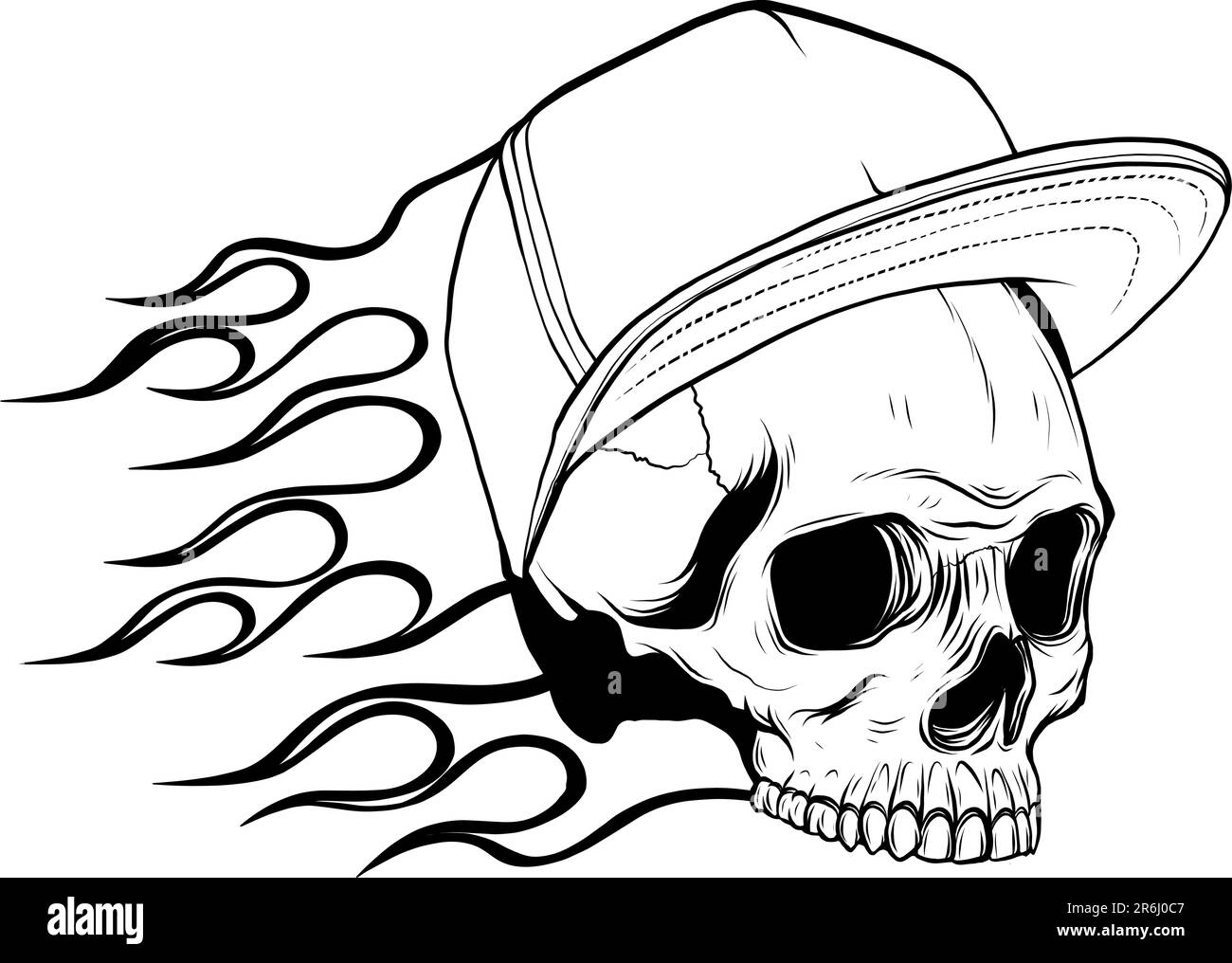 crâne avec capuchon et flammes sur fond blanc. Illustration vectorielle monochrome Illustration de Vecteur