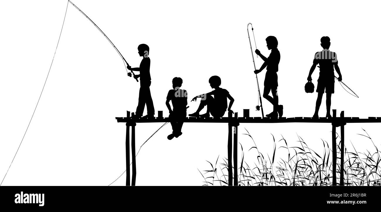 Silhouettes vecteur modifiable de pêche enfants à partir d'une jetée en bois avec tous les éléments en tant qu'objets séparés Illustration de Vecteur