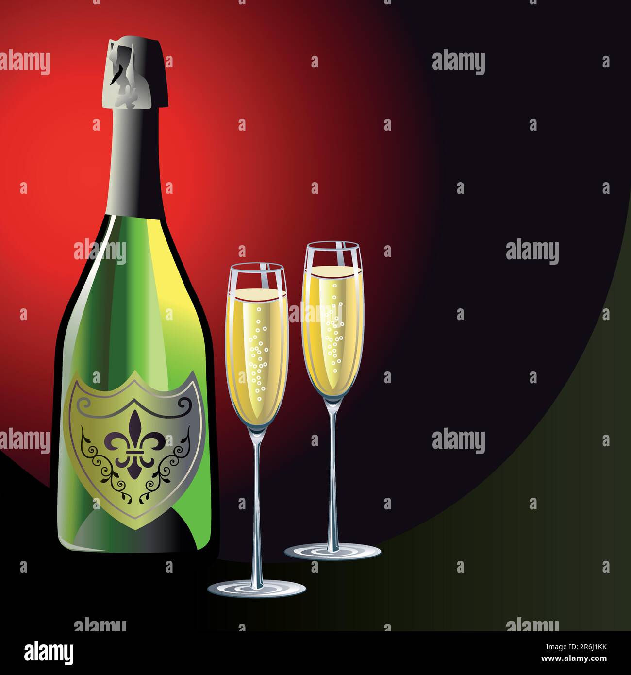 Bouteille de champagne et deux verres, illustration vectorielle, inclut un JPEG haute résolution. Illustration de Vecteur
