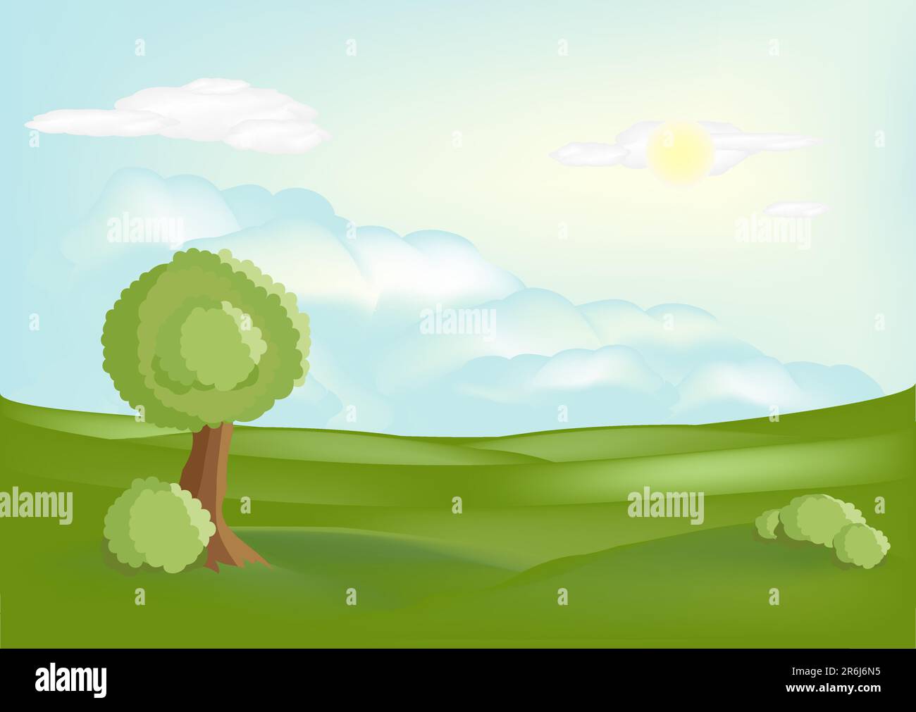 Paysage d'été illustré avec le soleil, nuages, arbres et champ Illustration de Vecteur