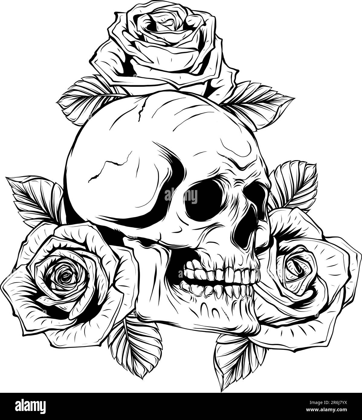 Crâne humain vintage monochrome avec fleurs roses illustration vectorielle isolée Illustration de Vecteur