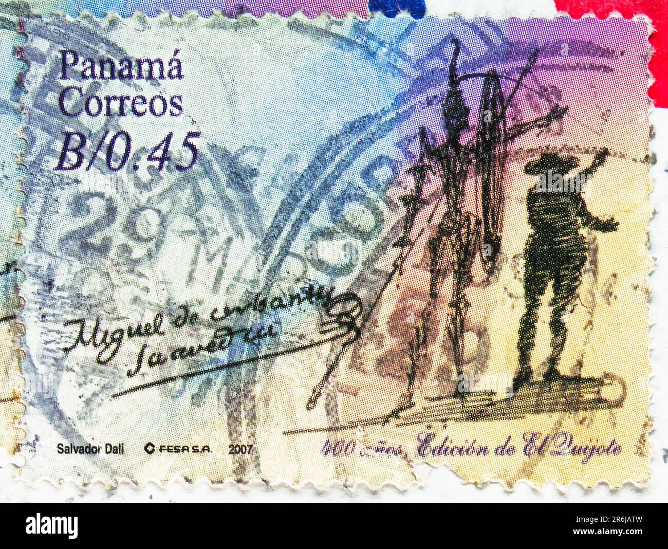 MOSCOU, RUSSIE - JUIN 3 2023: Timbre-poste imprimé au Panama montre Don Quijote et Sancho Pansa, 400th anniversaire de la série Don Quijote, vers 2007 Banque D'Images