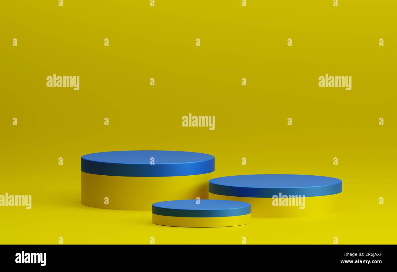 3D rendu minimal bleu surface jaune triple cylindre produit podium vitrine vide fond d'illustration Banque D'Images