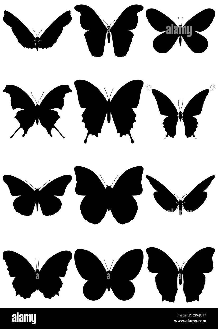 Jeu d'illustrations de 12 silhouettes de papillons différentes. Tous les objets sont isolés et regroupés. Les couleurs et l'arrière-plan transparent sont faciles à régler. Illustration de Vecteur