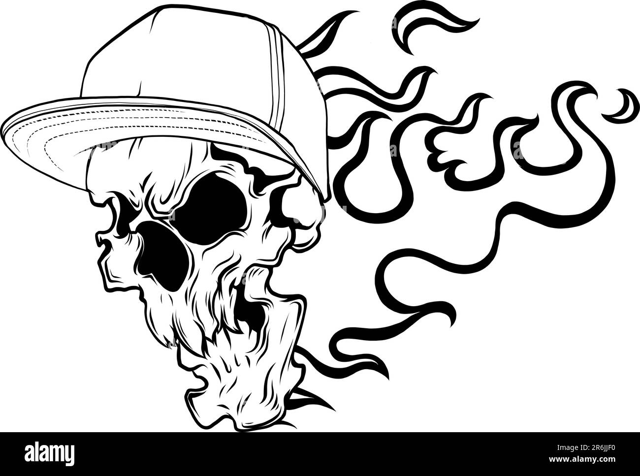Illustration vectorielle de la silhouette du crâne en colère avec chapeau et flammes sur fond blanc Illustration de Vecteur