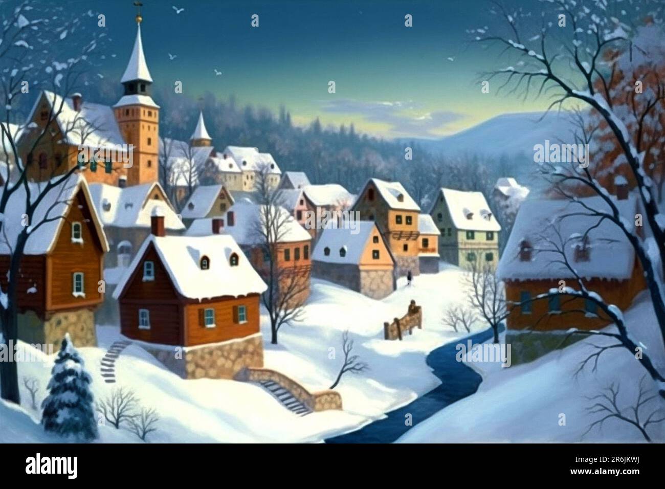 Village en hiver aquarelle illustration dans le style vintage soirée Banque D'Images