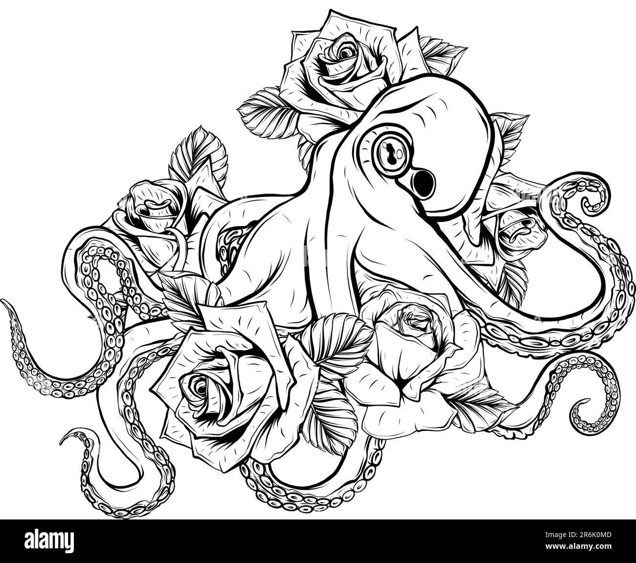 Illustration vectorielle d'un poulpe monochrome avec des roses sur fond blanc Illustration de Vecteur