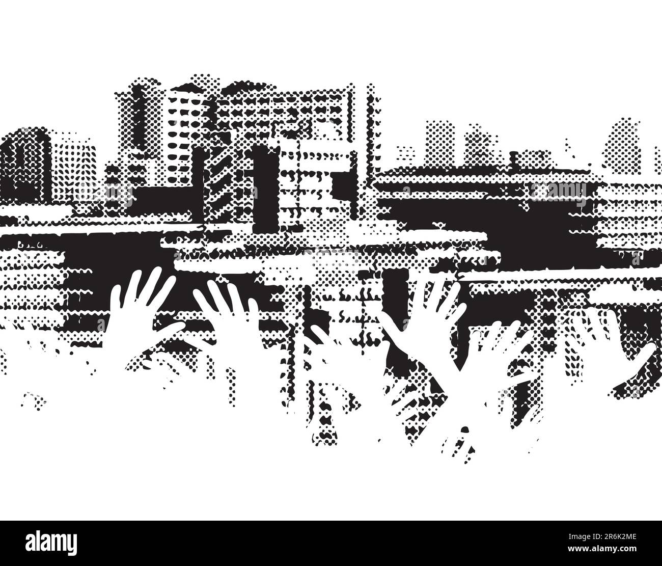 Motif demi-ton vectoriel d'un horizon urbain aux mains étirées Illustration de Vecteur